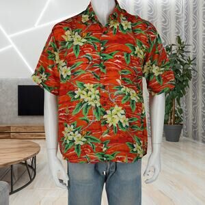 Vintage Y2K Red Silk Hawaiian Shirt M Tropical
